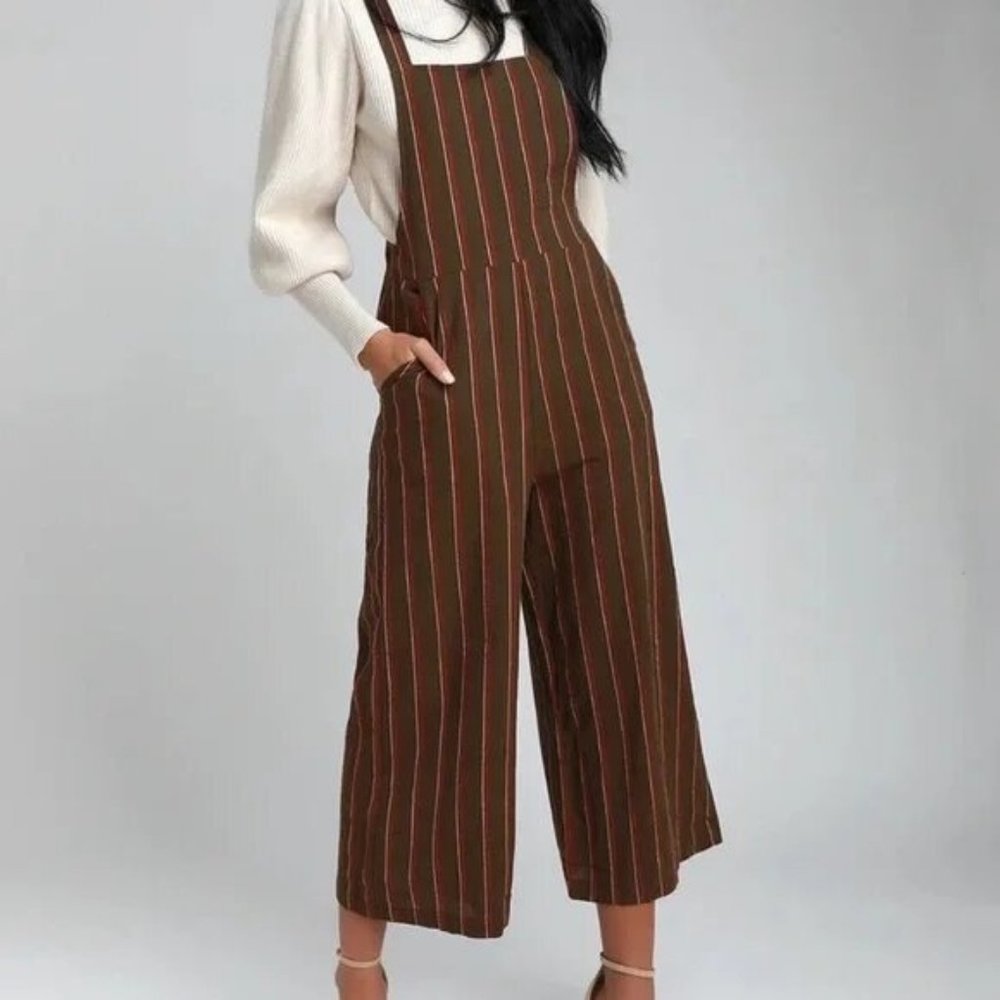 Lulu's Watson Olive Green Striped Cropped Wide-Leg Overalls, Size M